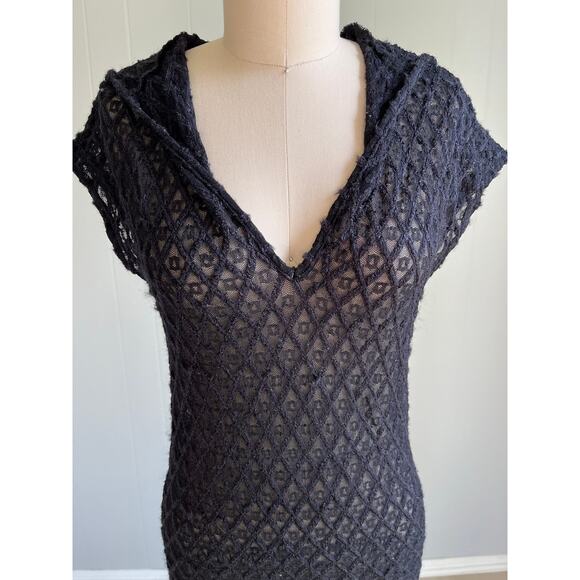 Vintage Y2K Black Sheer Stretchy Hoodie Top Medium Whimsigoth Mesh Gauzy Witchy - Picture 2 of 16